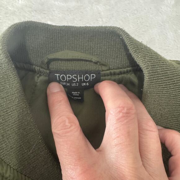 Topshop Women's Long Sleeve‎ Full Zip Bomber Jacket 2 Green Pockets Lined - Picture 8 of 13